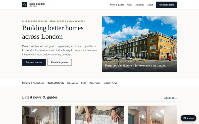 Screenshot of a home-building news and guides site we built